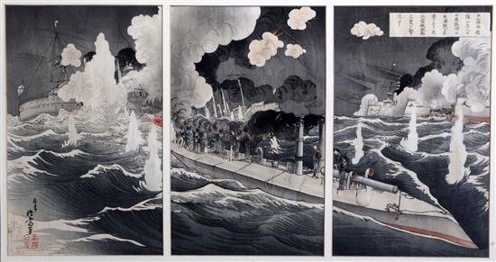 Ga Kyojin Matahari Japanese torpedo boats attacking a Russian war ship, 1904, overall 13.5 x 28in.